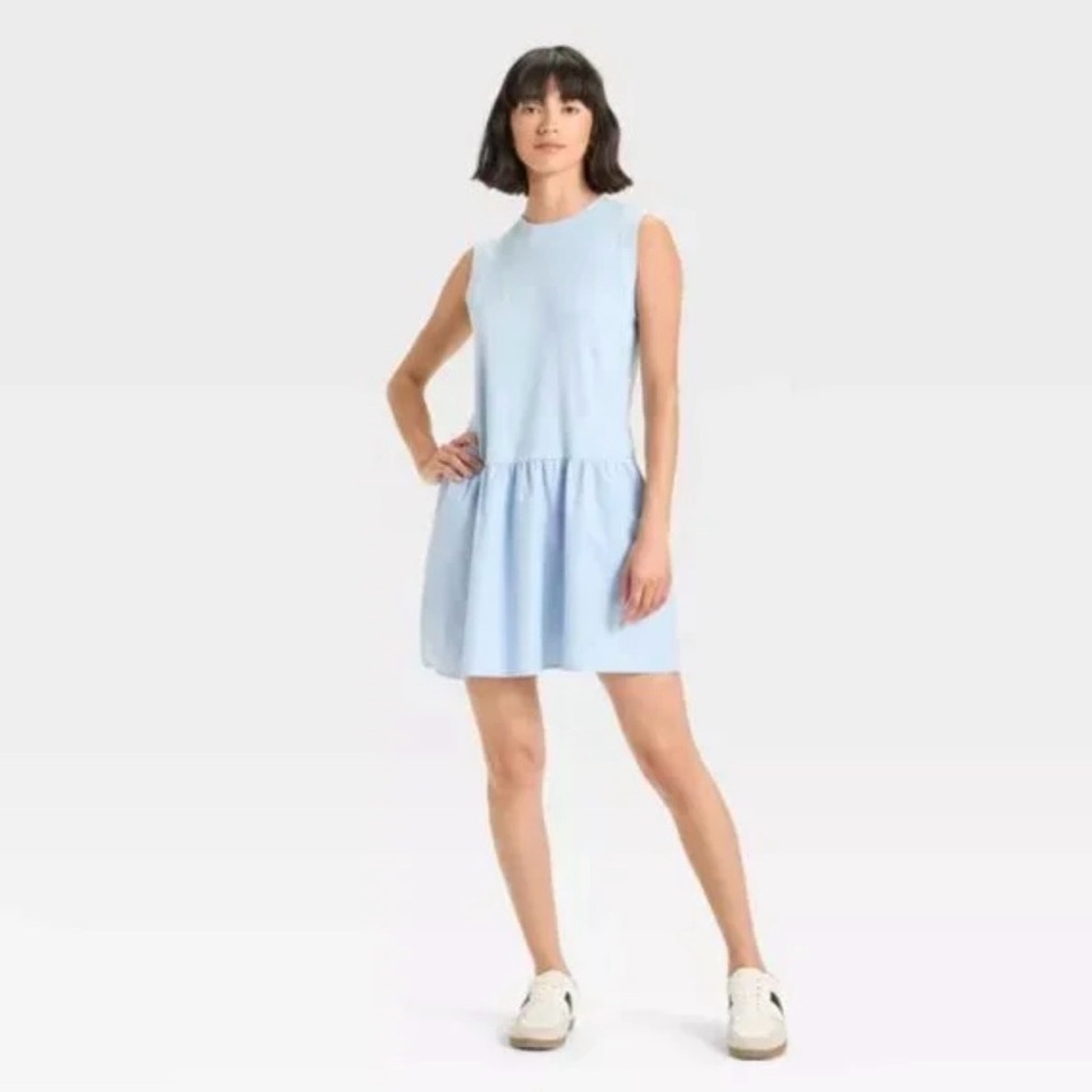 Light Blue Sleeveless shift Dress size XXL knit top, cotton skirt NWT